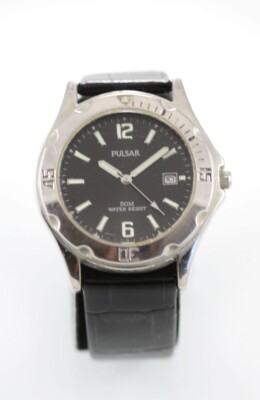 Pulsar Men Watch Stainless Silver Steel Batt Black Leather 50m Gray Date Quartz