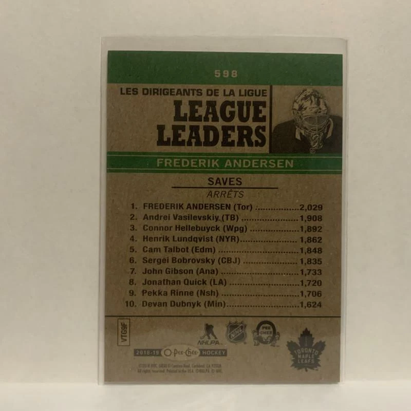 #598 Frederik Andersen Toronto Maple Leafs League Leaders 2018-19 O-Pee-Chee Hoc - Image 2 of 2
