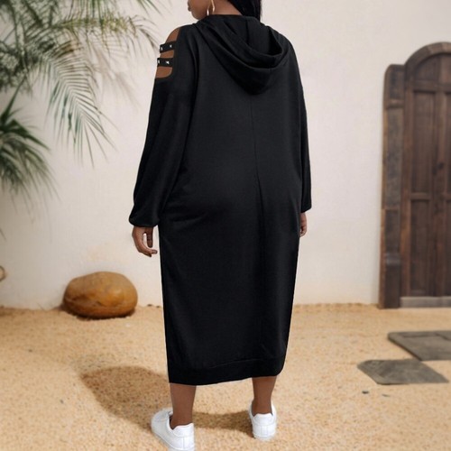 Women LOOSE Cold Shoulder Shirt Dress Hooded Casual Holiday Maxi Dress Plus Size - Picture 16 of 25
