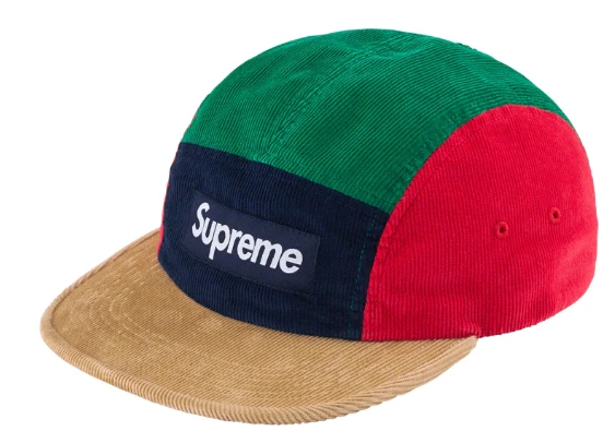 Casquette de camp Supreme Corduroy (FW23) multicolore authentique boîte neuve logo patchwork