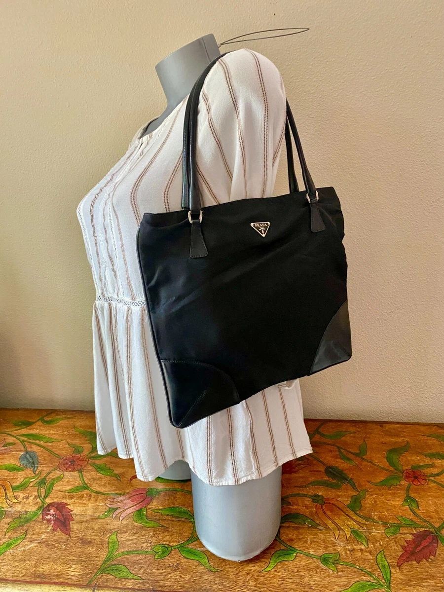 PRADA BLACK NERO TESSUTO LIGHT NYLON Borsa Leather FLAT TOTE 117 Art BNO697