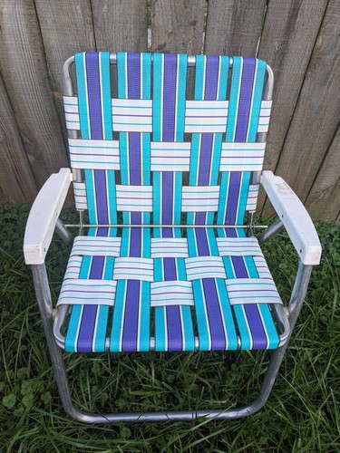 2 Matching Vintage Unbranded Aluminum Webbed Folding Lawn Chair Blue And White - Picture 2 of 7