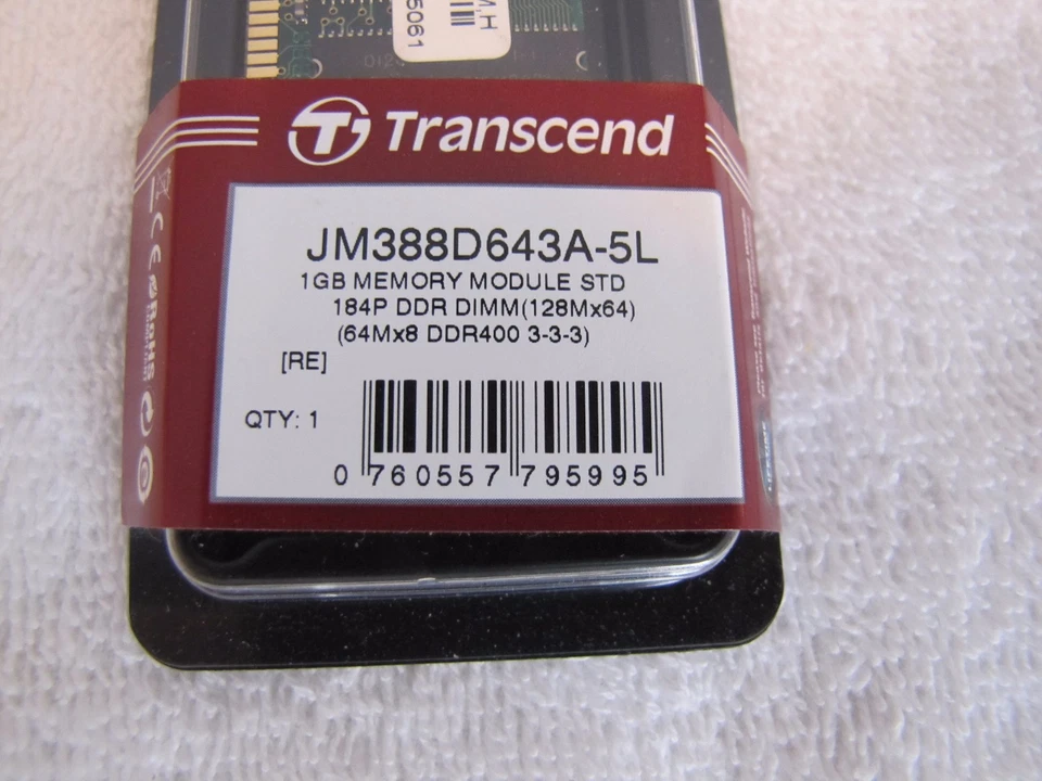NEVER USED!! Transcend PC-3200 1 GB DIMM 400 MHz DDR SDRAM Memory (JM388D643A5L) - Image 2 of 3