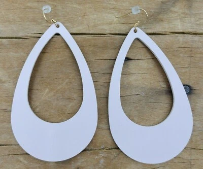New Nickel & Suede Cut-Out Teardrop Earrings Ivory Peach Leather 3" - Image 1 of 3