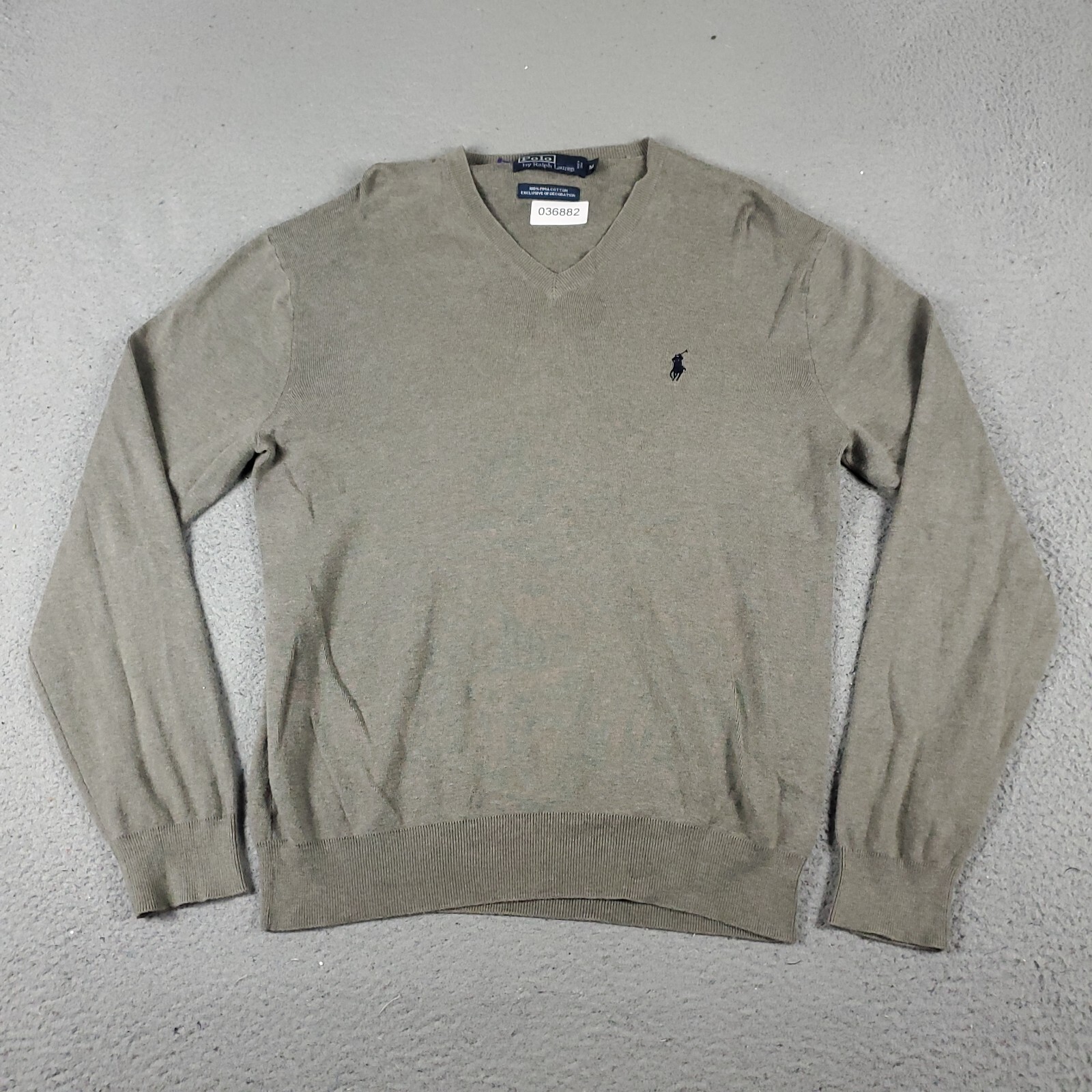 Ralph Lauren maglione uomo grigio medio beige pony scollo a V pullover felpa *