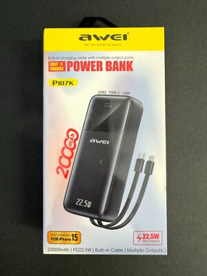Awei P107K 5in 1 Power Bank 20000mAh Type C & Charging Cable 22.5W Fast Charge