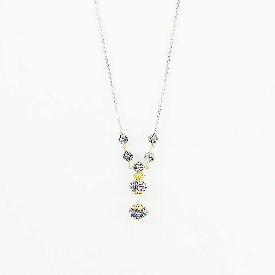 Collana donna sfere filigrana sarda in argento traforate brunite e dorate    - Immagine 2 di 3