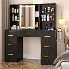 47'' W Large Vanity Desk with Mirror and Lights, 8 Storage Shelves 7 Drawers Van