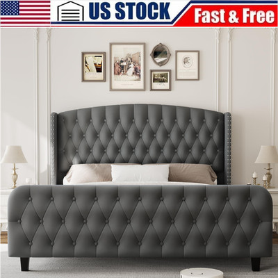 51'' Tall Queen King Velvet Upholstered Platform Bed Frame w/ Wingback Headboard