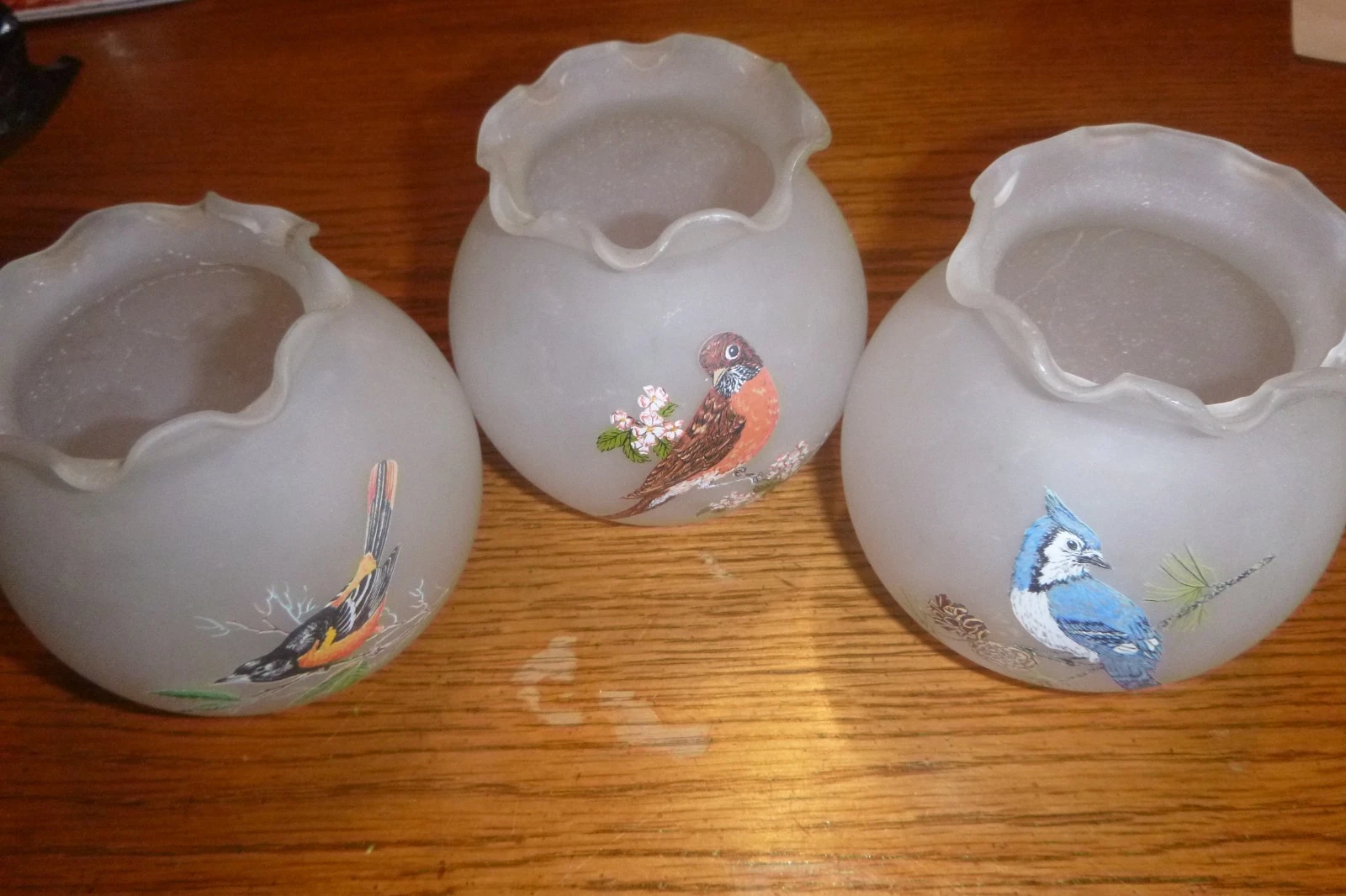 (3) 4in Mini Frosted Vases Bird Designs Curved Lips
