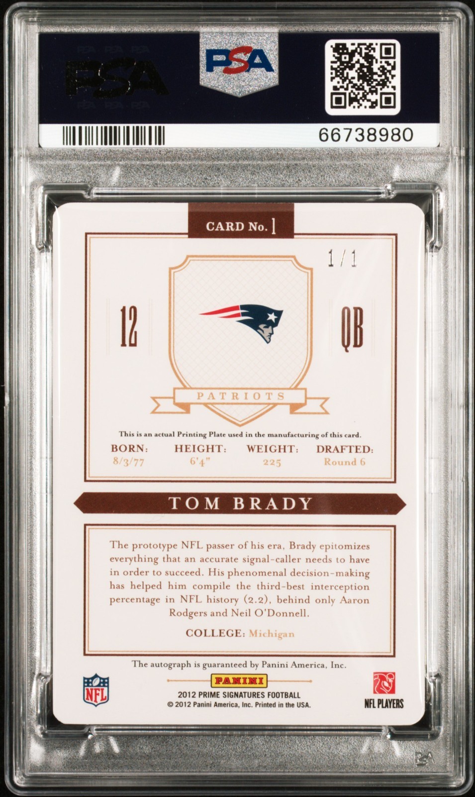 2012 PANINI PRIME SIGNATURES TOM BRADY AUTO-YLW.PRINT PLATE 1/1 #1 PSA 8 view 2