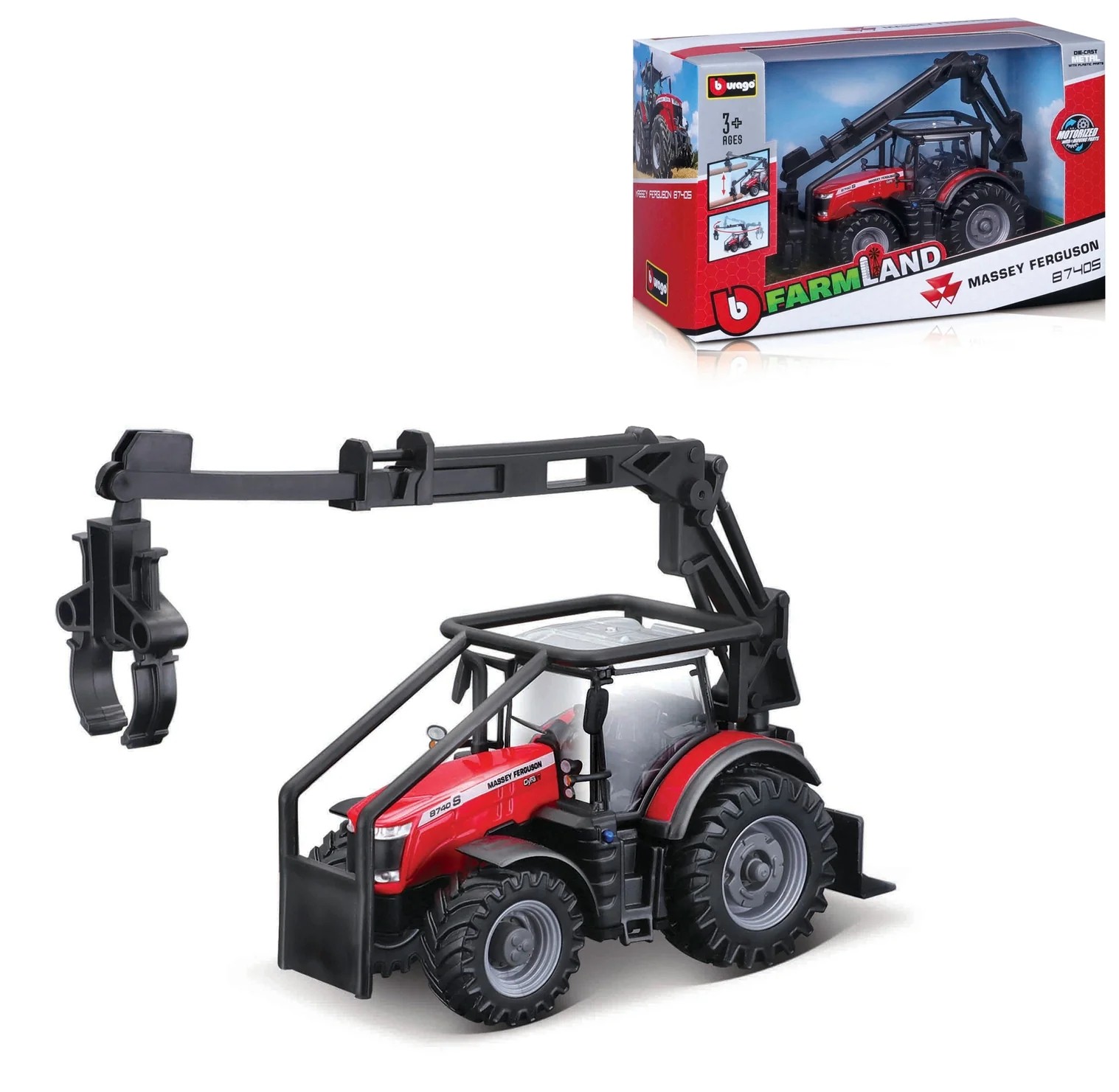 BURAGO 10CM MASSEY FERGUSSON 8740S TRACTOR WITH  LOADER LOG LOADER B18-31671