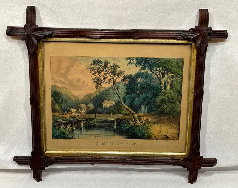 Litografía antigua original Currier & Ives noche de verano enmarcada ca.1857-72 Foto 2 de 4