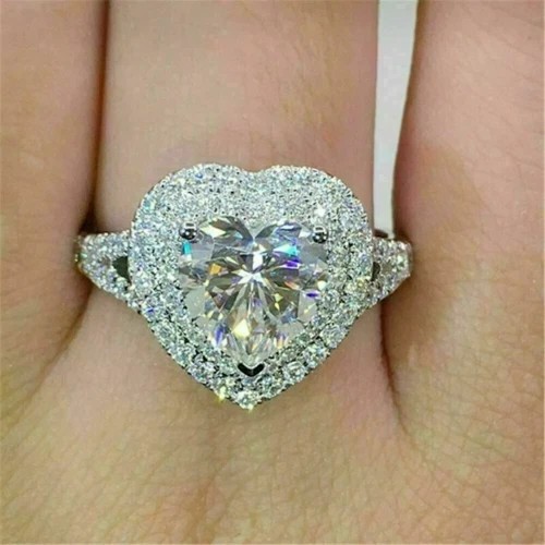 4Ct Heart Cut Created Diamonds Halo Women Engagement Ring 14K White Gold Plated - Picture 3 of 7
