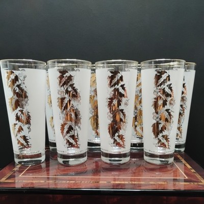 MCM 60s Bartlett Collins Vintage Mist Hi-Ball Tumblers 22K Gold / White Set of 8