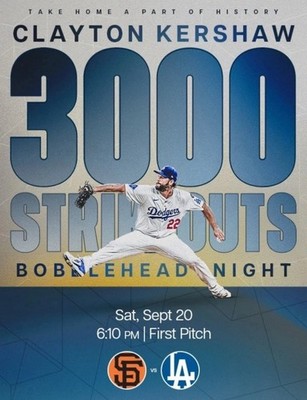 LA Dodgers, Clayton Kershaw 3000 Strikeout Bobblehead 09/20/2025
