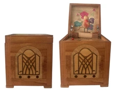 Vtg Mechanical Bird Art Deco Style Marquetry Inlaid Wood Cigarette Dispenser Box