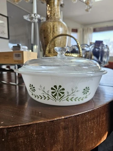 vintage Glasbake Green Daisy oval casserole dish with lid 1 QT