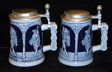 Vintage Wick Werke Germany Stoneware Cobalt Blue & Gray Steins with Pewter Lids