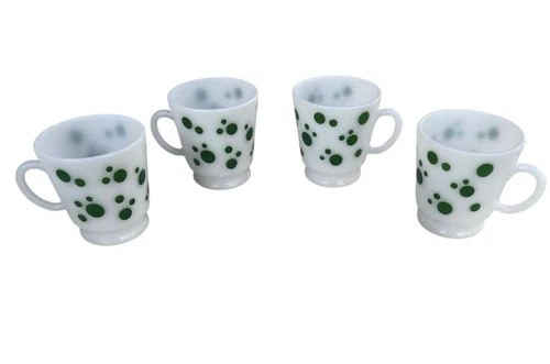Hazel Atlas Milk Glass Footed Mugs Set Of 4 Green Polka Dot MCM Logo Retro Gift