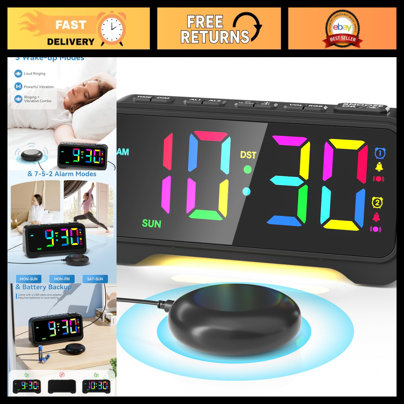 Vibrating Alarm Clock for Deep Sleepers, Digital Clock with Bed Shaker & Snooze