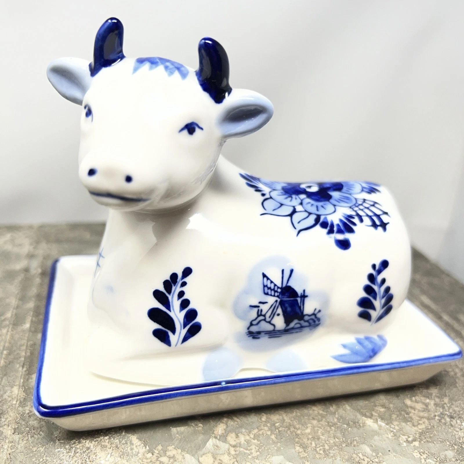 Vintage Delft Blue And White Cow Butter Dish Handpainted Dutch Ceramic