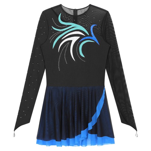 Womens Shiny Long Sleeve Leotard Dress Figure Ice Skating Ballet Dance Dress - Picture 13 of 52