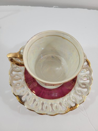 Vintage Tea Cup & Saucer Set Pearl Luster Ruby Red & Gold Reticulated Japan - Picture 5 of 8