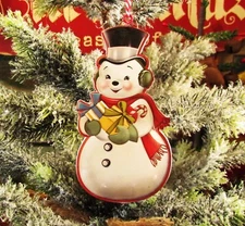 Primitive Antique Vtg Style Retro 5" Snowman Christmas Tree Tin Ornament