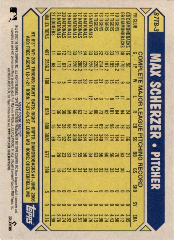2022 Topps '87 Topps Series 2 #87TB3 Max Scherzer - Image 2 of 2