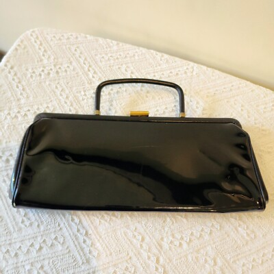 #ad Vintage Black Patent Leather Clutch Purse Handle Large Evening