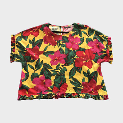 FOR CYNTHIA Linen Blend Colorful Floral Ruffle Top Size 1X cool lightweight