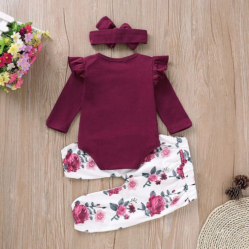 Infant Baby Girls Outfit Cute Ruffle Sleeve Romper Bodysuit Flare Pants Clothes - Picture 4 of 10