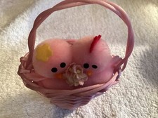 Vintage Chirping Plush Easter Chicks In Plastic Basket ..Pink