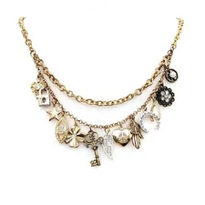 Loft Charm Wish Good Luck Star Necklace Double Chain Gold Bronze Silver Tone