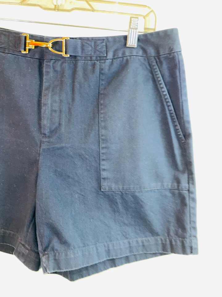 Pantalones Cortos Chaps Para Mujer Talla 14 Cintura Hebilla Azul Marino Oscuro Bolsillos Sólidos 100% Algodón Foto 4 de 4