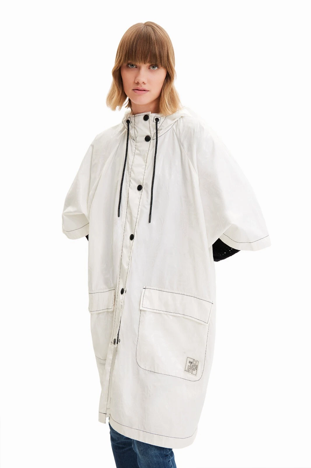 DESIGUAL Logomania Foldable Rain Poncho One Size Sample Size Ivory Packable Hood