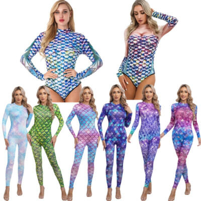 US Womens Sexy Mermaid 3D Fish Scales Print Bodysuit Jumpsuit Halloween Costume