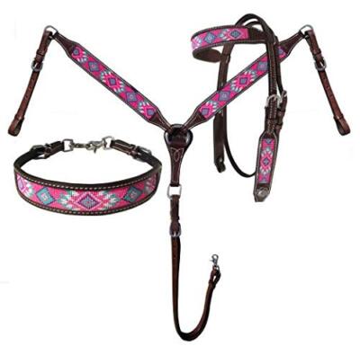 Showman Argentina Cow Leather Headstall & Breast Collar Set w/ Pink Navajo