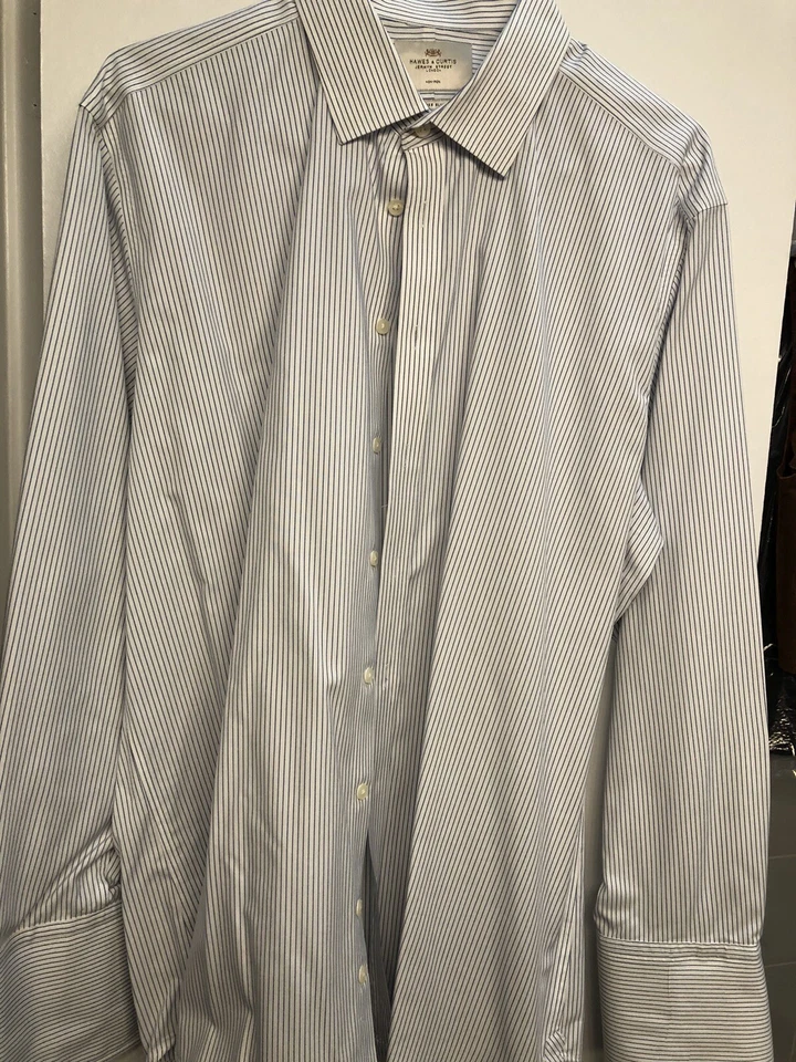 Camisa Hawes & Curtis of Jermyn St 18/37 Calce Ajustado Puños Franceses Rayas Azules Usada en Excelente Condición Foto 3 de 4