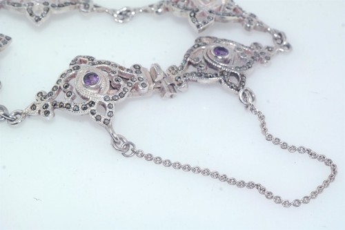 Vtg Marcasite & Amethyst Sterling Silver Panel Bracelet 17.2 gr - Picture 3 of 4