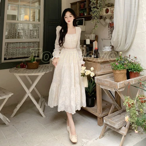 Women Fairy Elegant White Long Sleeve Dresses Lace Dress Vintage Square Collar - Bild 6 von 12