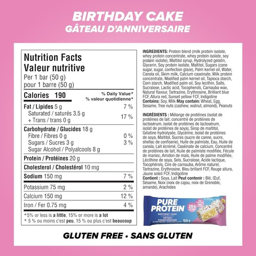 Pure Protein Nutritious Gluten Free Protein Bar Birthday Cake 6 BARS FRESH - 第 2/4 張圖片