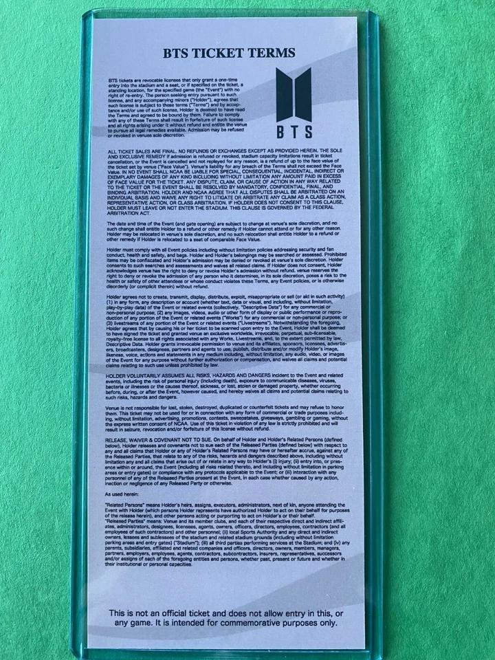 2021 BTS Bangtan Boys Commemorative Ticket Stub for SOFI Stadium 12/2 concert - Image 2 of 3
