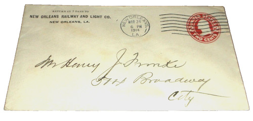  MARCH 1914 NEW ORLEANS RAILWAY AND LIGHT COMPANY ENVELOPE 