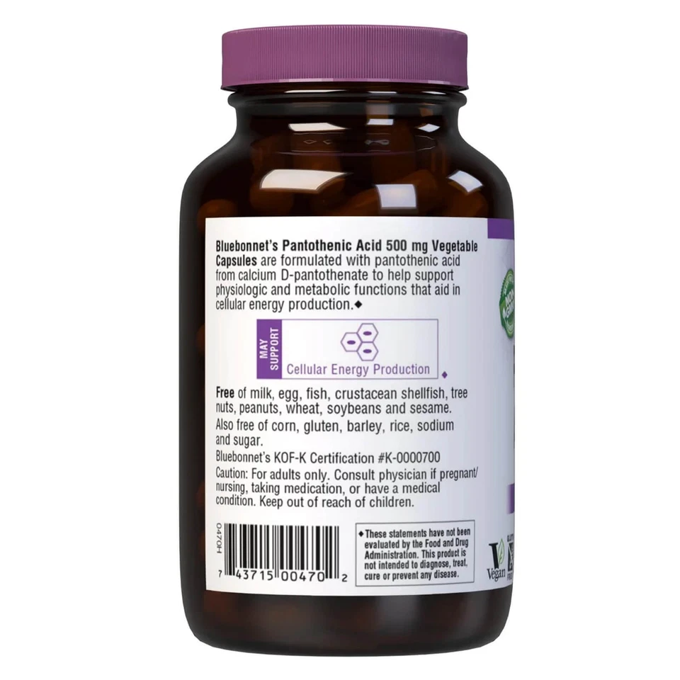Пантотеновая кислота Bluebonnet 500 мг 90 растительных капсул, производство клеточной энергии - Изображение 3 из 4