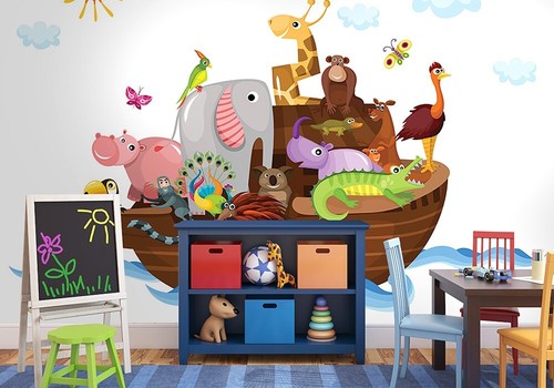 Baby Schlafzimmer Fototapete 254x183cm Tiere Noahs Arche Weiß Hintergrund - Bild 7 von 7