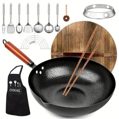 14Pc Carbon Steel Wok Pan Set 12.6'' Flat Bottom Stir Fry Skillet Lid Induction G