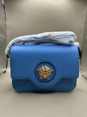 Versace La Medusa Logo Plaque Blue Pebbled Leather Crossbody Bag New $1600 Italy