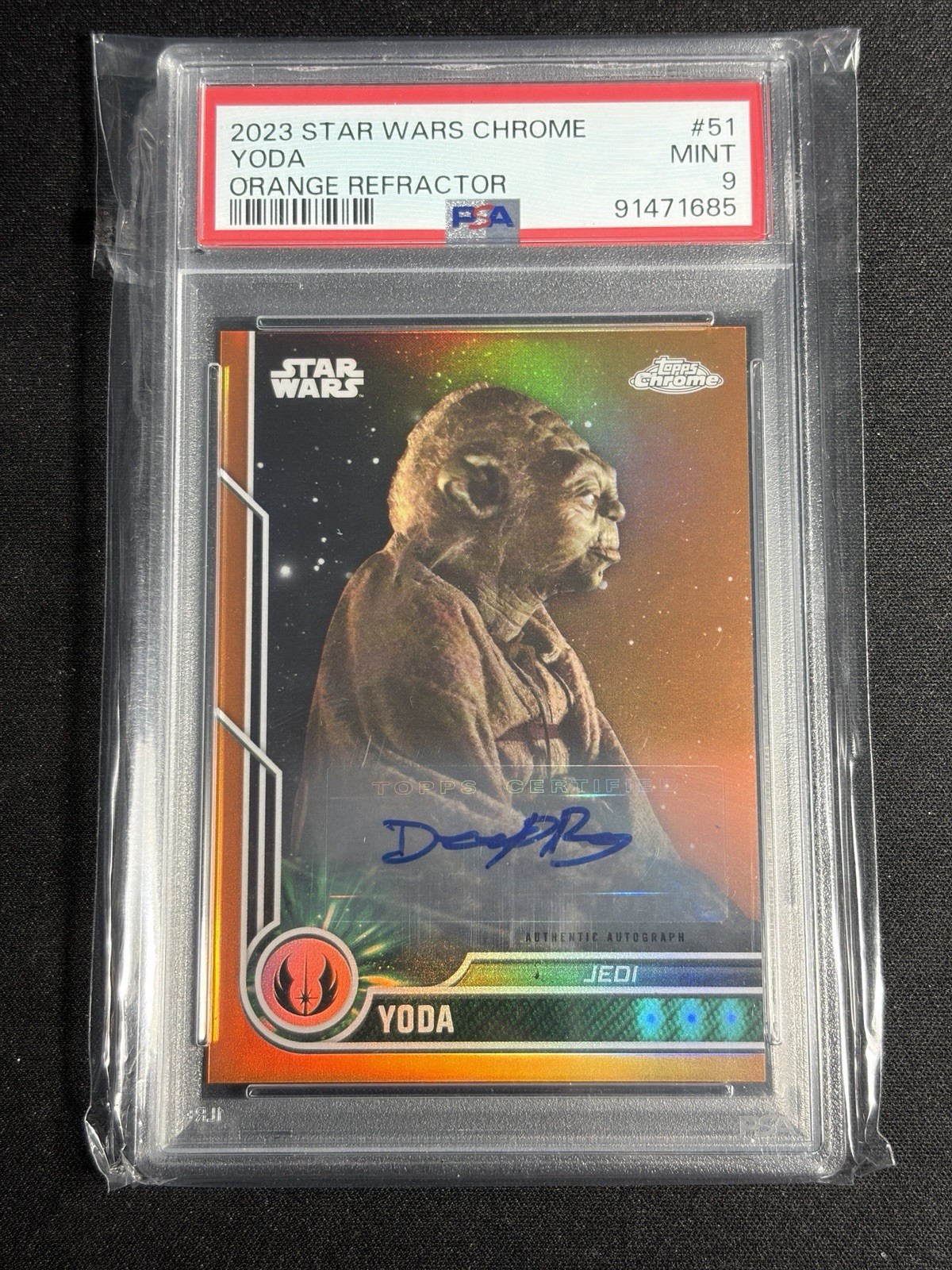 2023 Topps Star Wars Chrome Jedi Yoda Auto Orange Refractor /25 Deep Roy PSA 9